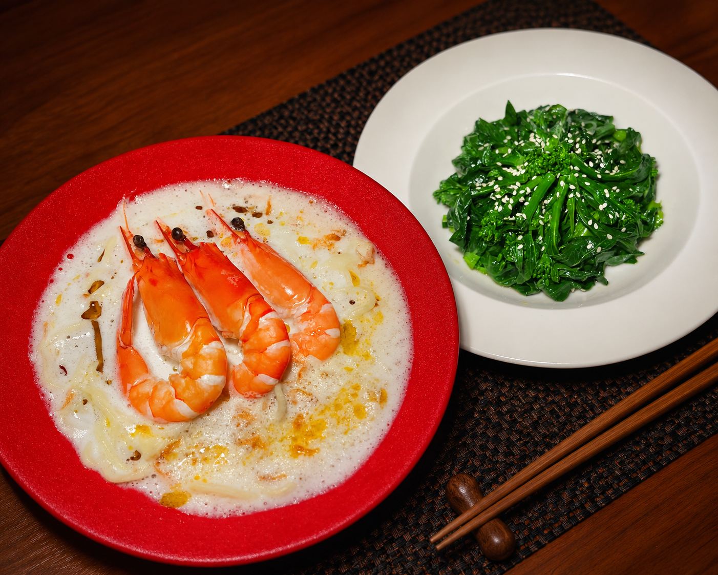 生猛海蝦 × 野生岩礁魚貝白湯拉麵 ＋ 涼拌菜心苗
